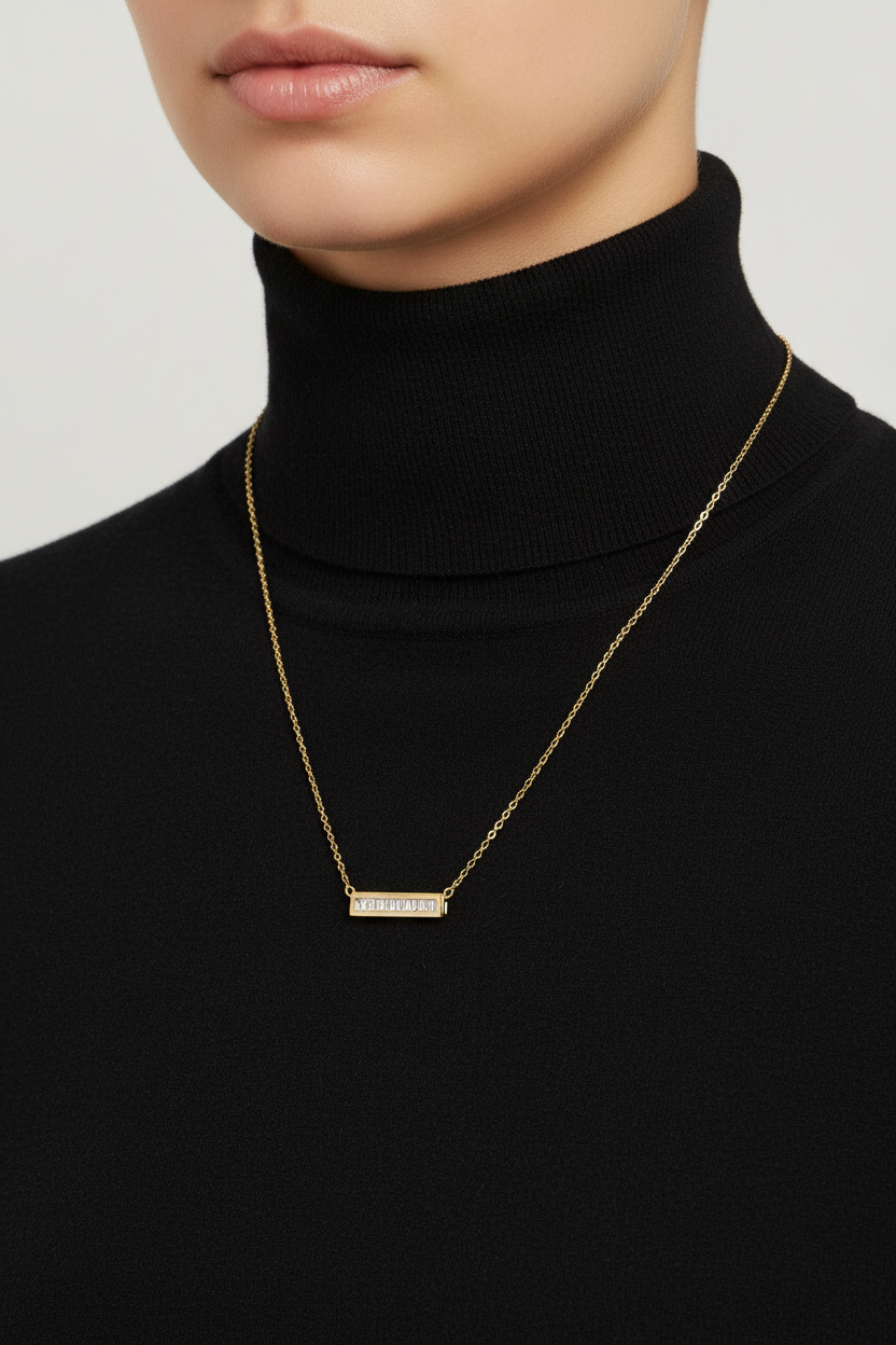 14 Karat Gold Plated Sterling Silver Bar Necklace, 16 Inch Cable Chain with 2 Inch Extension, CZ Pendant, Lobster Clasp