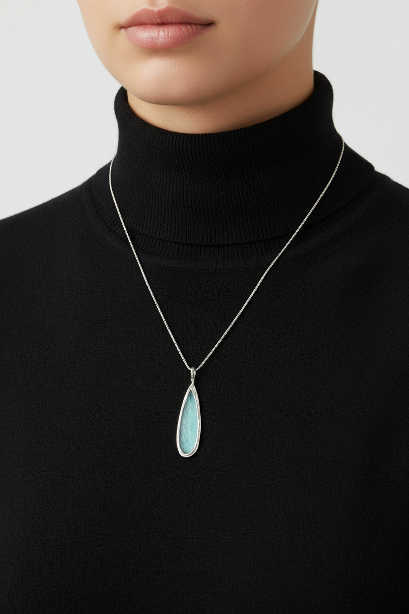 Ancient Roman Glass Pear Drop Necklace 925 Sterling Silver 11.5x45mm 18 Inch