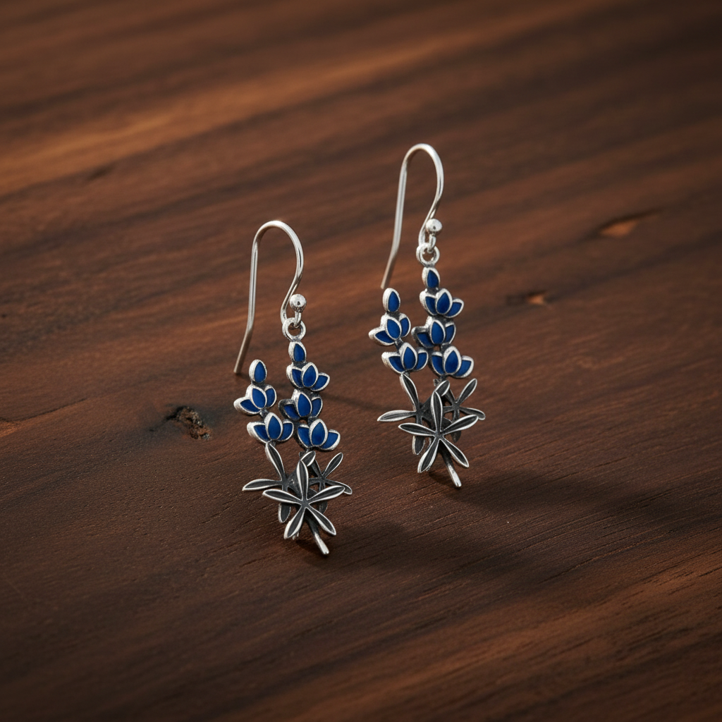 Texas Pride | Sterling Silver Blue Enamel Bluebonnet Dangle Earrings