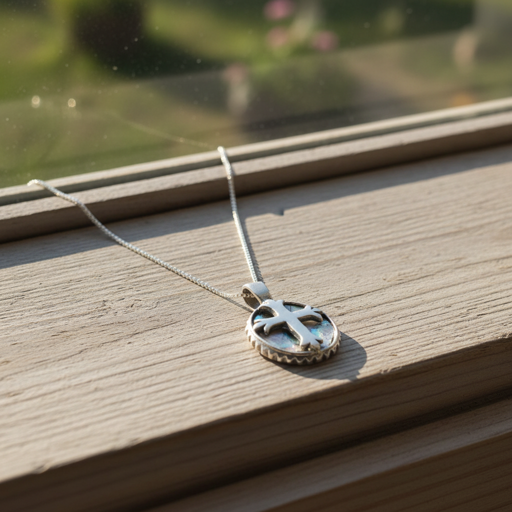 Roman Glass Cross Necklace - Sterling Silver Ancient Glass Pendant