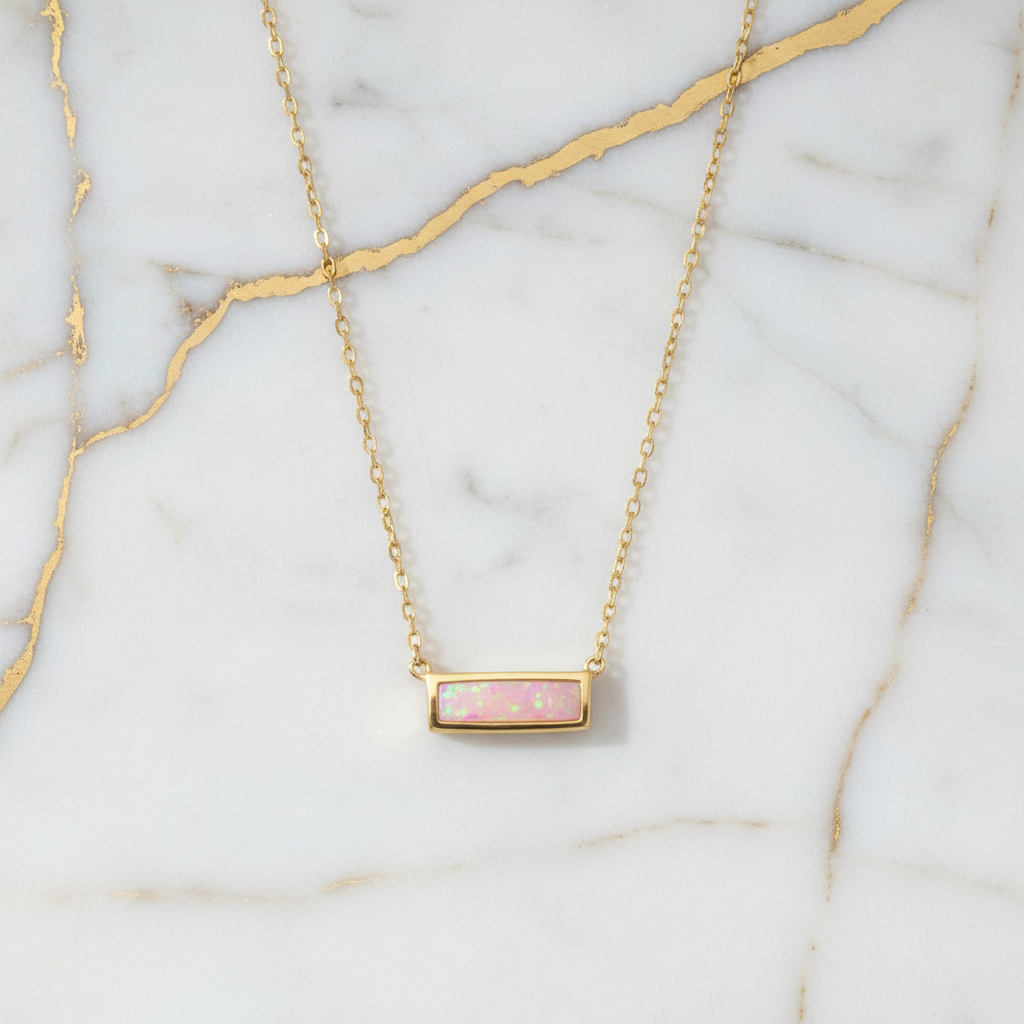 14 Karat Gold Plated Sterling Silver Cable Chain Necklace with Synthetic Pink Opal Bar, 16 Inch with 2 Inch Extension