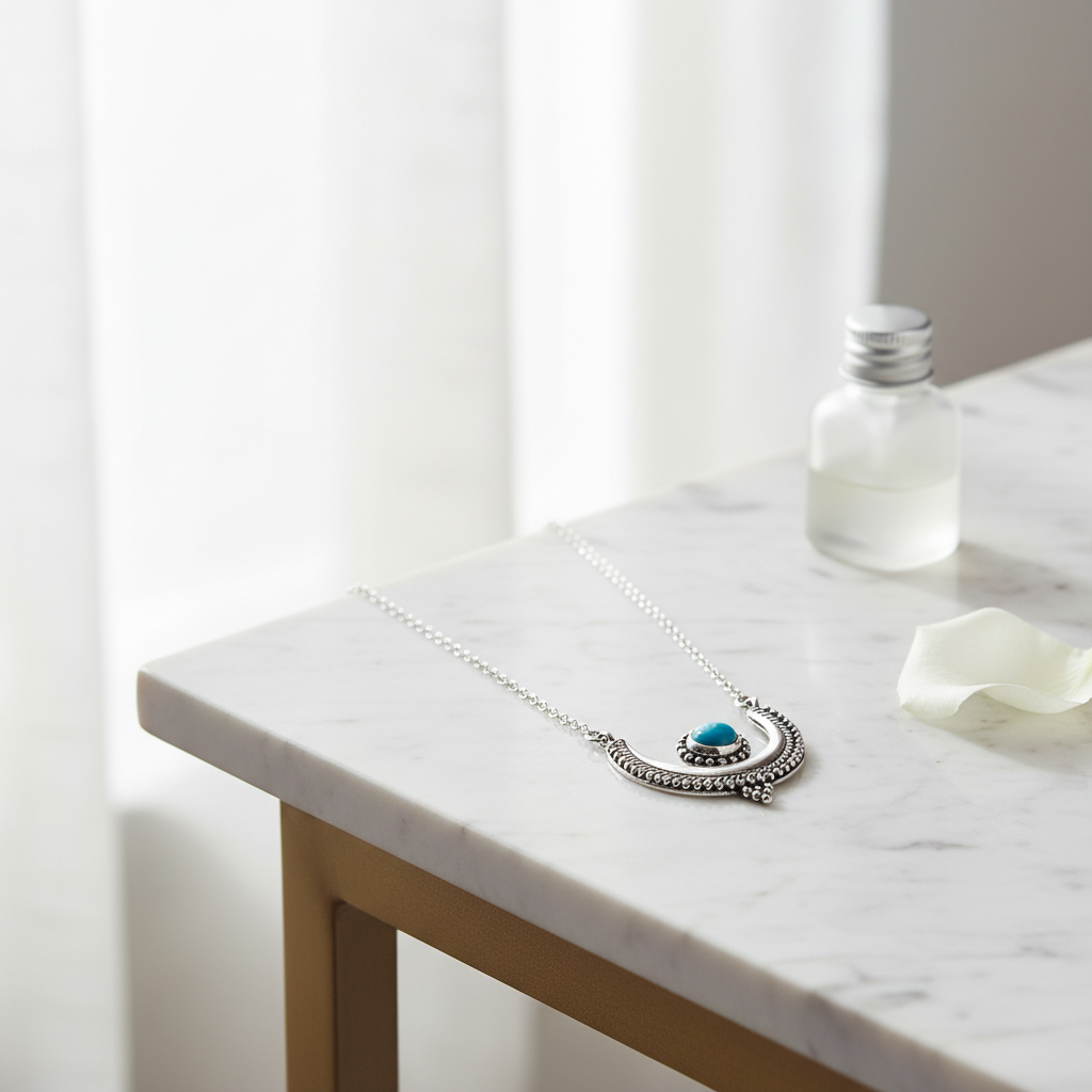 Crescent Moon Necklace - Sterling Silver Oxidized with Turquoise