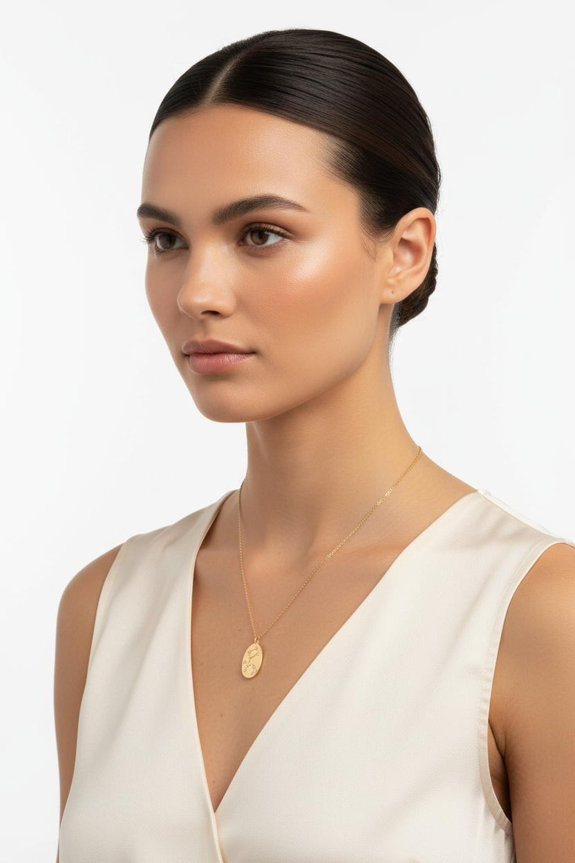 Aquarius Zodiac Constellation Oval Coin Necklace, 16 Inch Chain with 2 Inch Extender, Celestial Astrology Jewelry