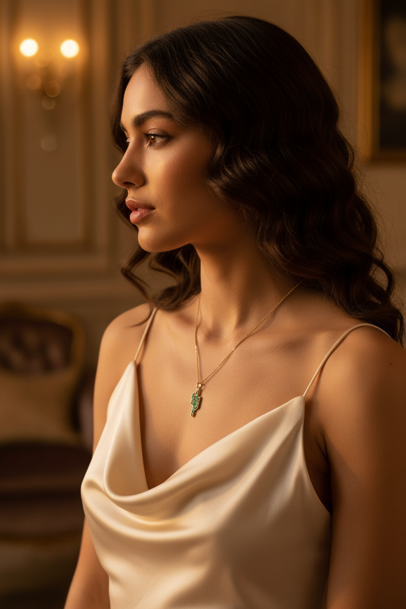 14 Karat Gold Plated Sterling Silver Saguaro Cactus Charm Necklace, Green and White CZ Flowers, 16 Inch Chain with 2 Inch Extension