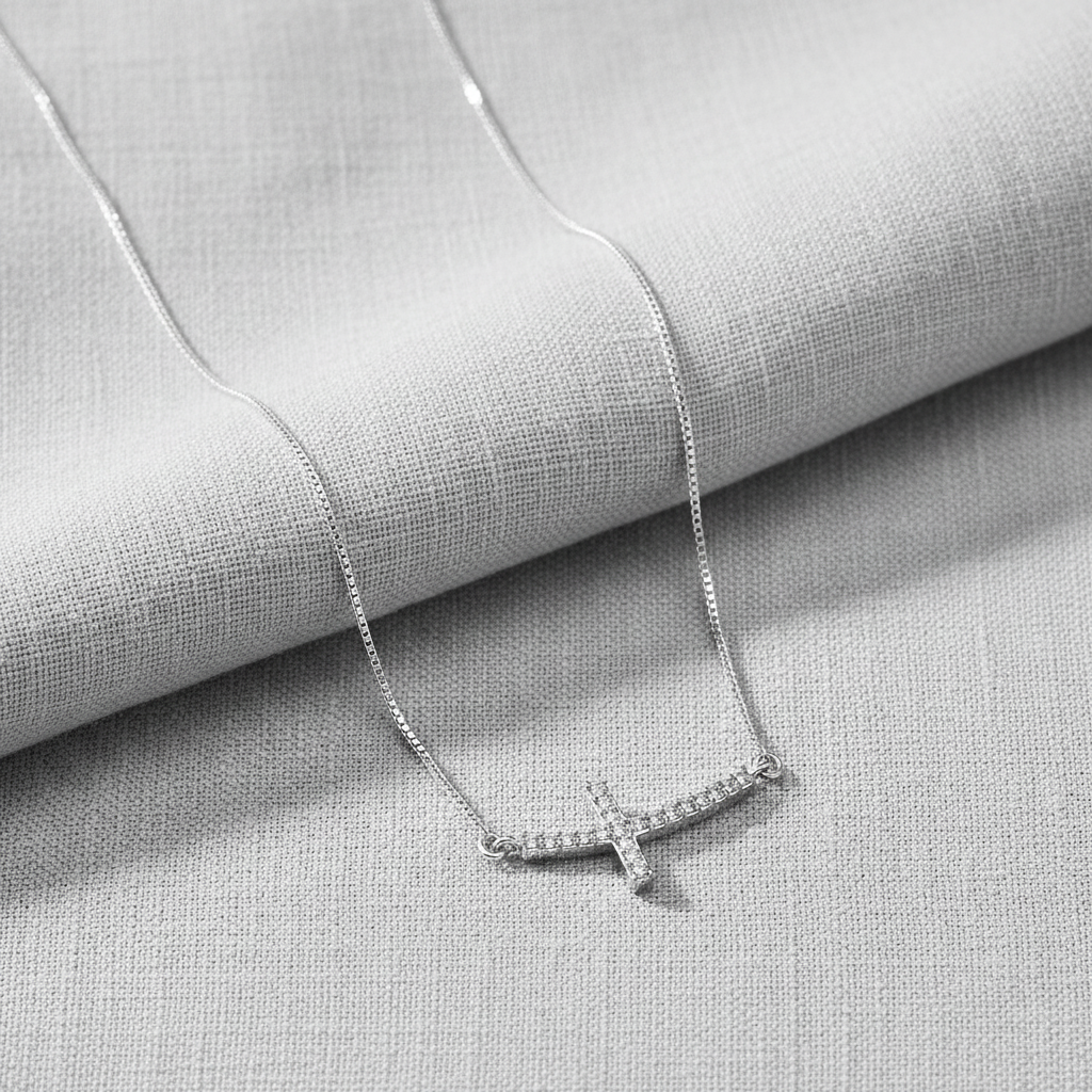 Diamond Sideways Cross Necklace Rhodium Plated 925 Sterling Silver 0.10ctw 18+2"