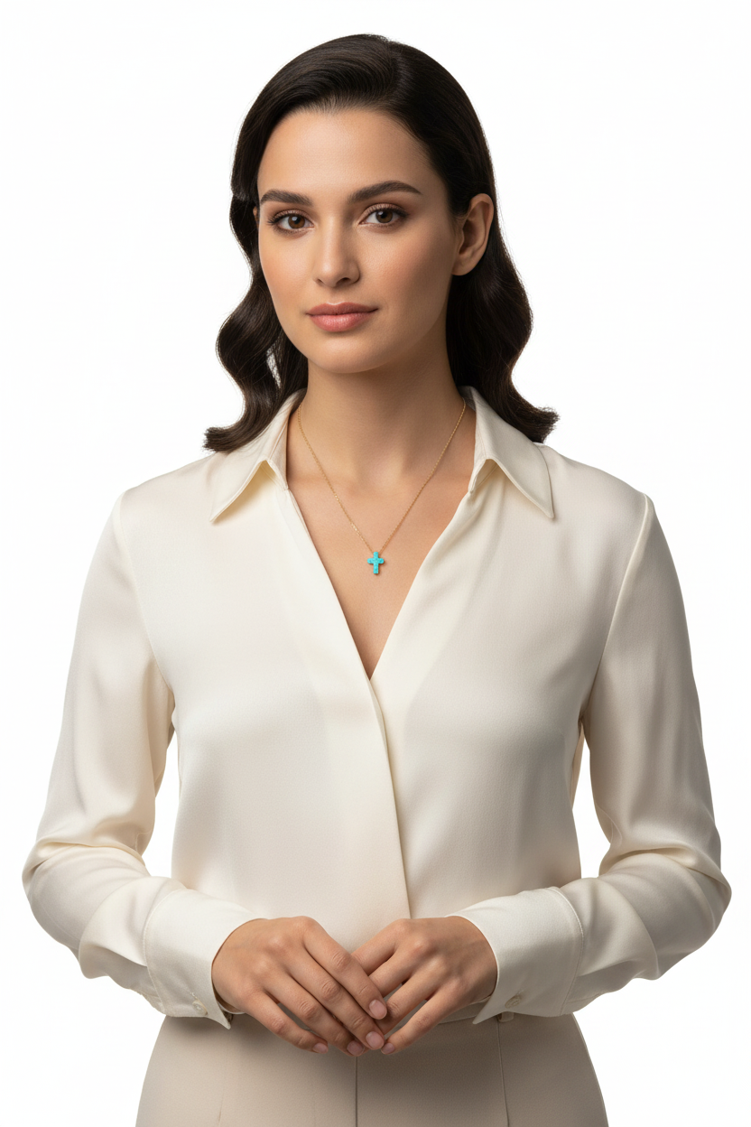 Opal Cross Necklace 14K Gold Plated 925 Silver Blue Synthetic 9mm 16+2