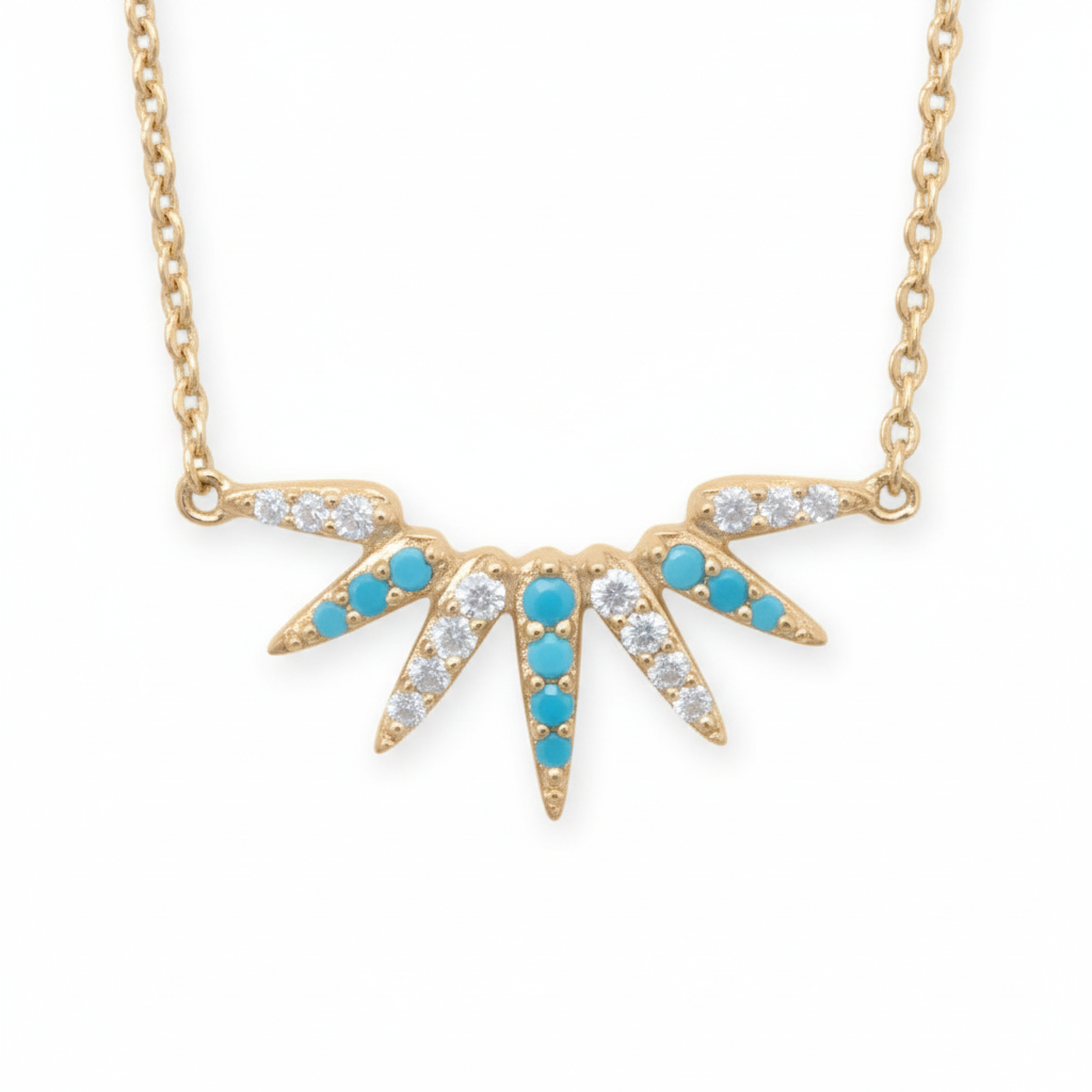 Turquoise CZ Sunray Necklace 14K Gold Plated 925 Silver 20mm 16+2 Inch