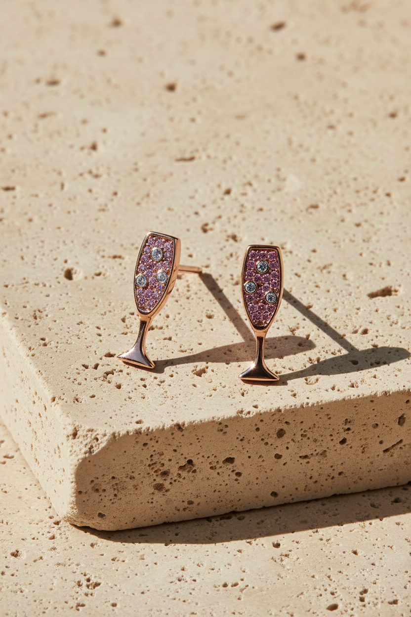 Pink Pave & Clear CZ Champagne Flute Stud Earrings 14K Rose Gold Plated 925 Silver