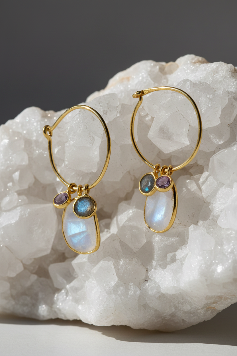 Moonstone Labradorite Amethyst Hoop Earrings 14K Gold Plated 925 Silver 19mm