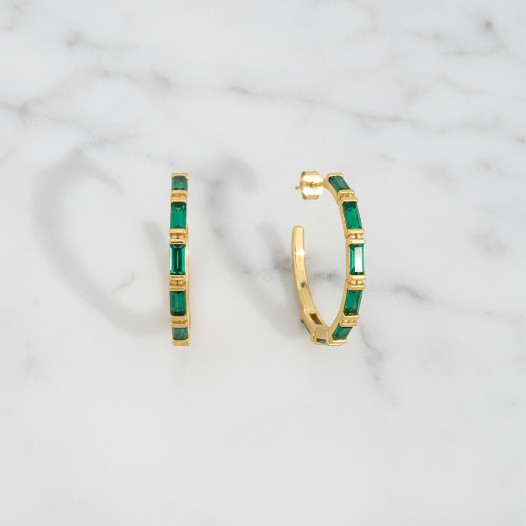 Emerald Green Baguette CZ Hoop Earrings 14K Gold Plated 925 Sterling Silver 30mm