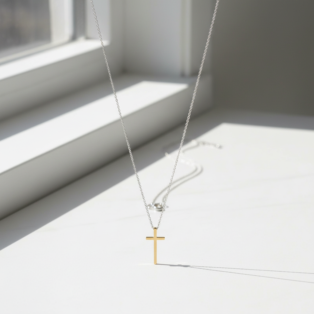 Two Tone Cross Necklace Rhodium 14K Gold 925 Sterling Silver 10.7x20.9mm Italy
