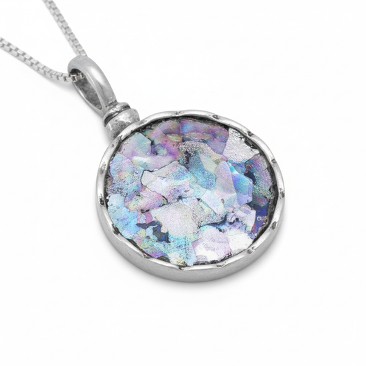 Ancient Roman Glass Necklace - Sterling Silver Oxidized Basket Setting