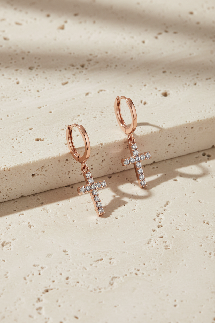 Rosé Faith Hoops - 14K Rose Gold Plated Sterling Silver with CZ Cross Charms