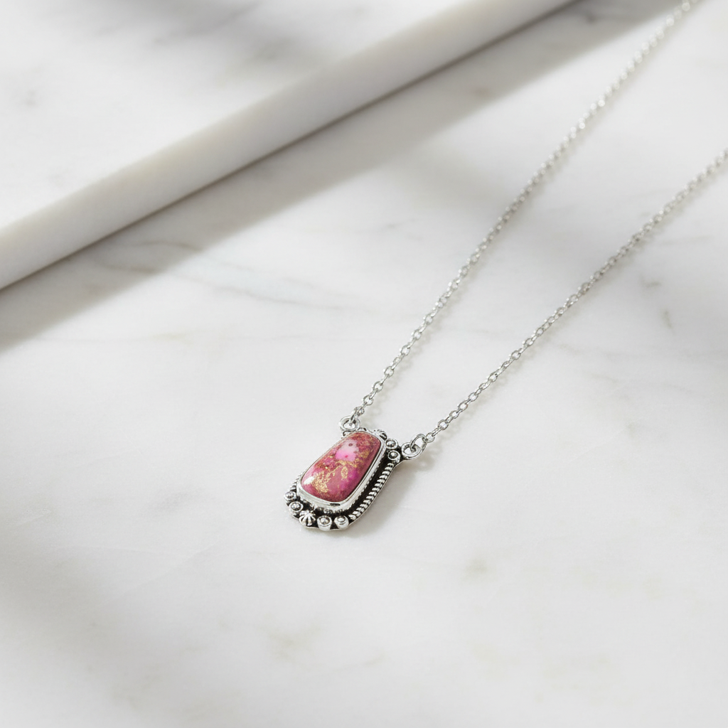 Pink Spiny Oyster Necklace Oxidized 925 Silver 14mm Rope Bead 18+2