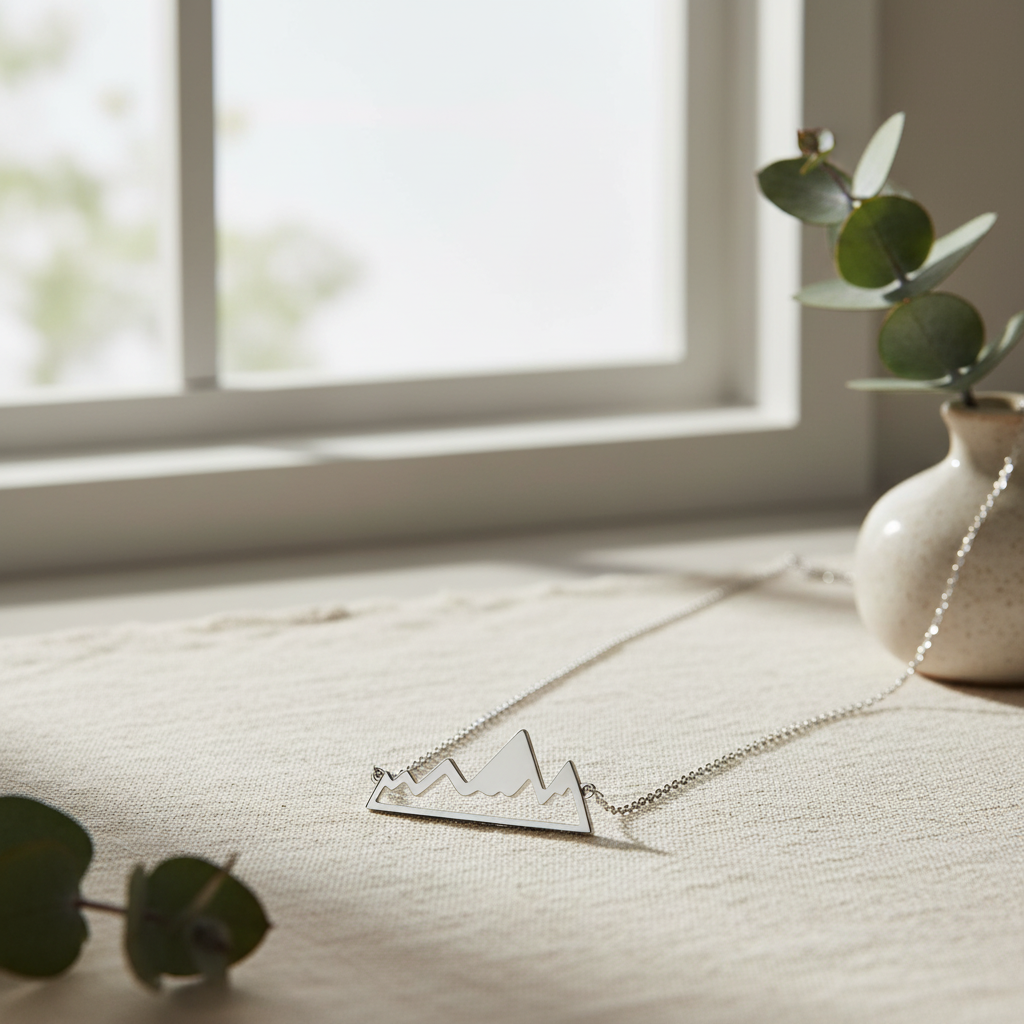 Mountain Range Necklace Rhodium 925 Sterling Silver 30x13mm 16+2 Inch