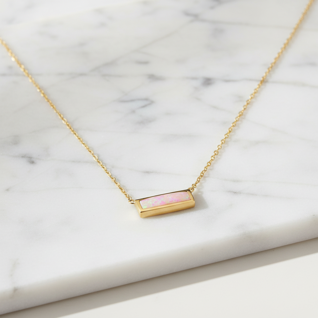 14 Karat Gold Plated Sterling Silver Cable Chain Necklace with Synthetic Pink Opal Bar, 16 Inch with 2 Inch Extension