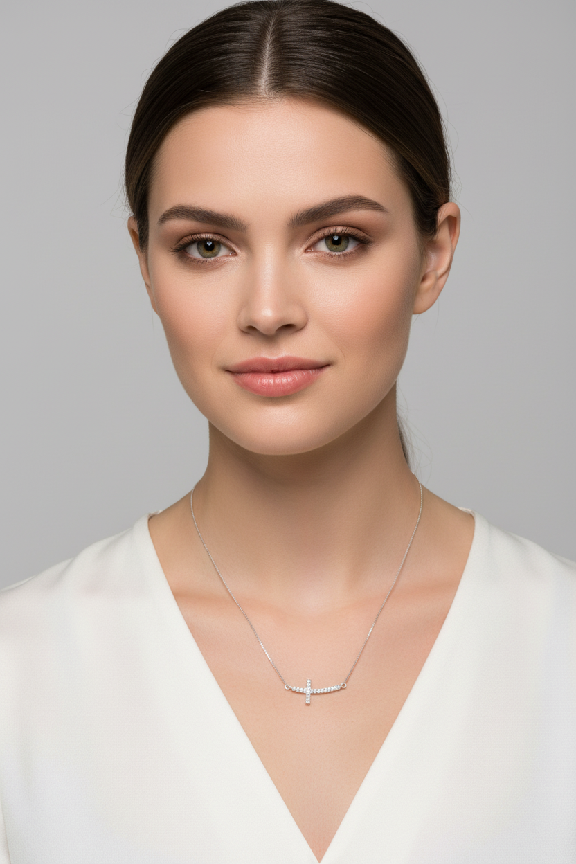 Diamond Sideways Cross Necklace Rhodium Plated 925 Sterling Silver 0.10ctw 18+2"