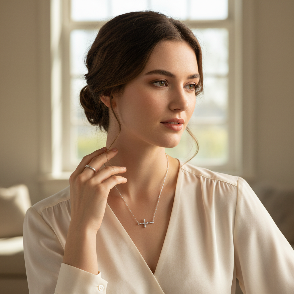 Sterling Silver Sideways Cross Necklace, Rhodium Plated, CZ, 16 Inch Chain with 2 Inch Extension