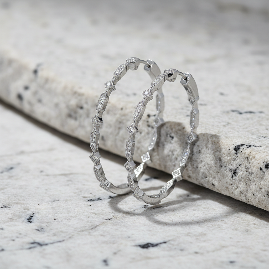 CZ In-Out Diamond Hexagon Hoop Earrings Rhodium Plated 925 Silver 44mm