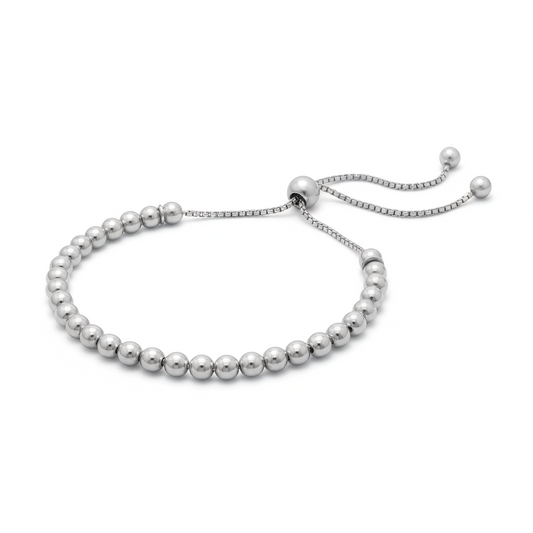 Round Bead Bolo Bracelet Rhodium Plated 925 Silver Italy Adjustable 9.5in