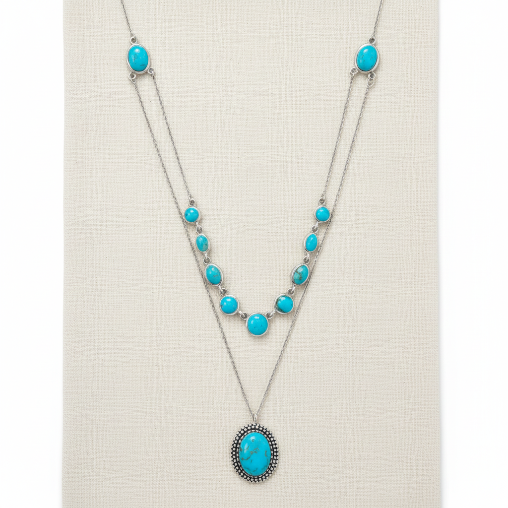 Turquoise Two Row Necklace 925 Sterling Silver Multi-Shape 10mm 18+20+2 Inch