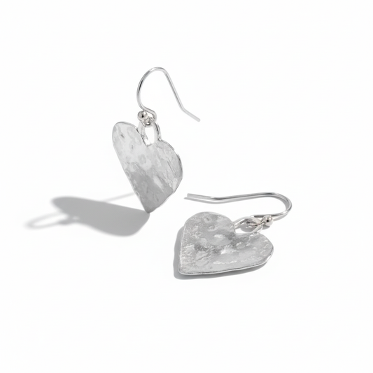 Sterling Silver Heart French Wire Dangle Earrings, Oxidized Hammered Texture, 20mm x 17mm Heart, 29mm Length