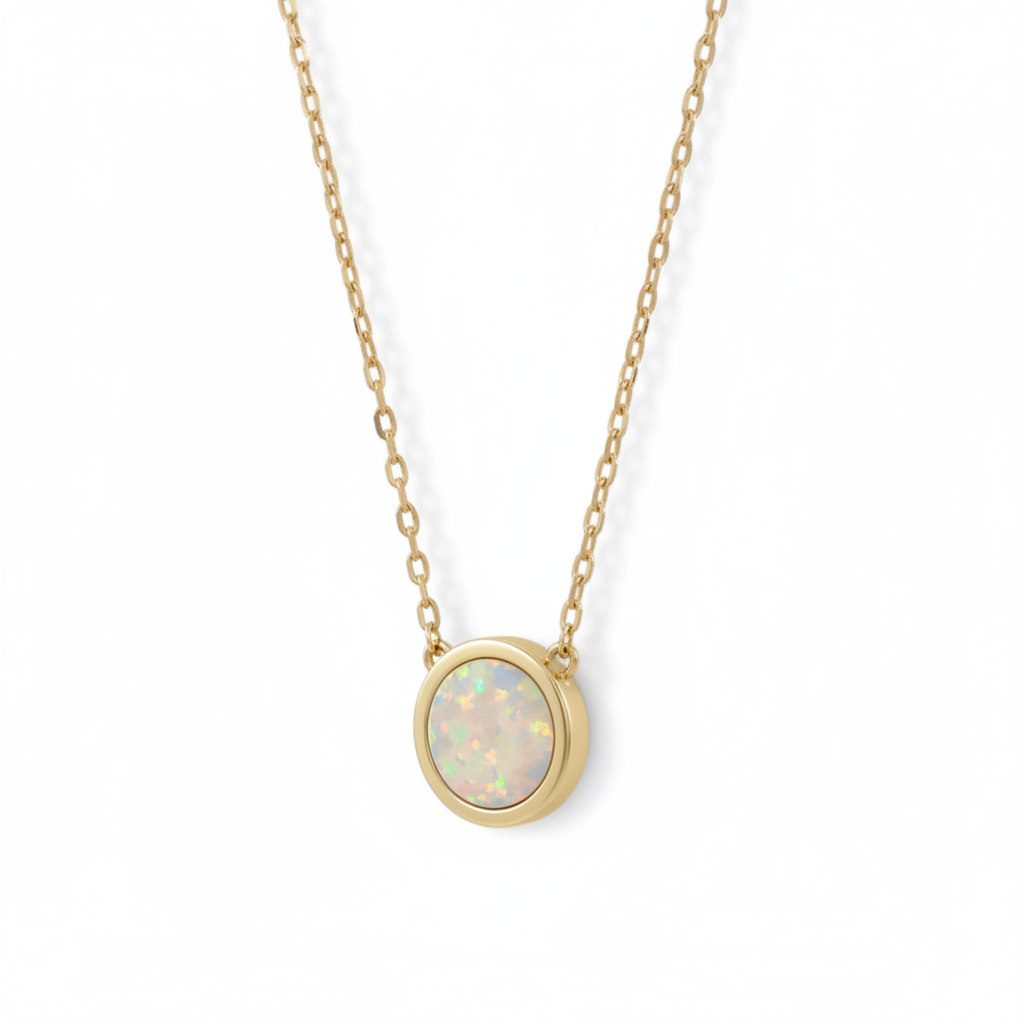 14 Karat Gold Plated Sterling Silver Cable Chain Necklace with Synthetic White Opal Circle Pendant, 16 Inch with 2 Inch Extension
