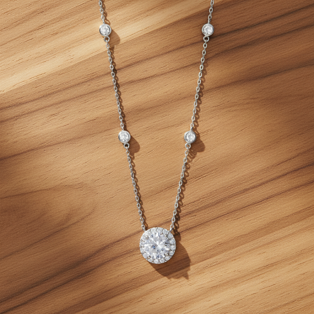 Generic Sterling Silver Rhodium Plated Halo CZ Pendant Necklace, 8mm Center Stone, 15+2 Inch Chain, Lobster Clasp