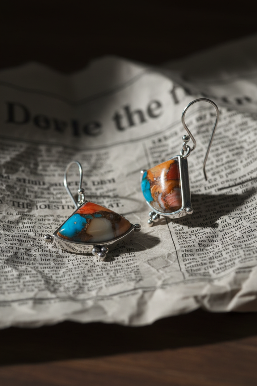Spiny Oyster Turquoise Triangle Earrings 925 Sterling Silver French Wire 30mm
