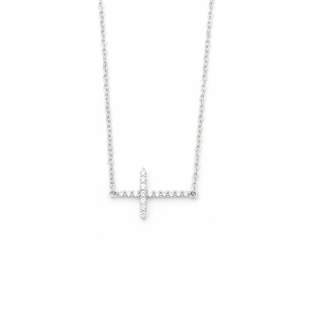 Sterling Silver Sideways Cross Necklace, Rhodium Plated, CZ, 16 Inch Chain with 2 Inch Extension