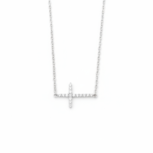 Sterling Silver Sideways Cross Necklace, Rhodium Plated, CZ, 16 Inch Chain with 2 Inch Extension