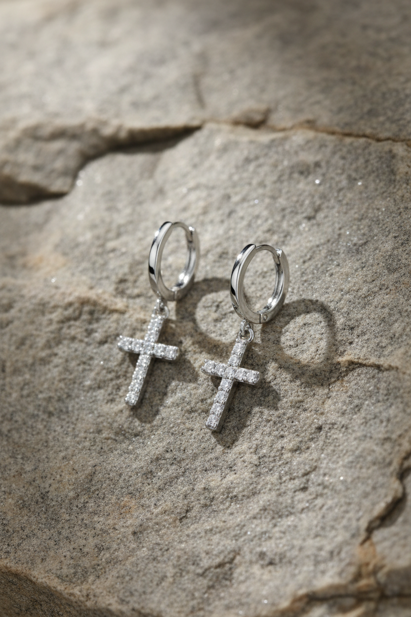 Radiant Faith Hoops - Rhodium Plated Sterling Silver with CZ Cross Charms