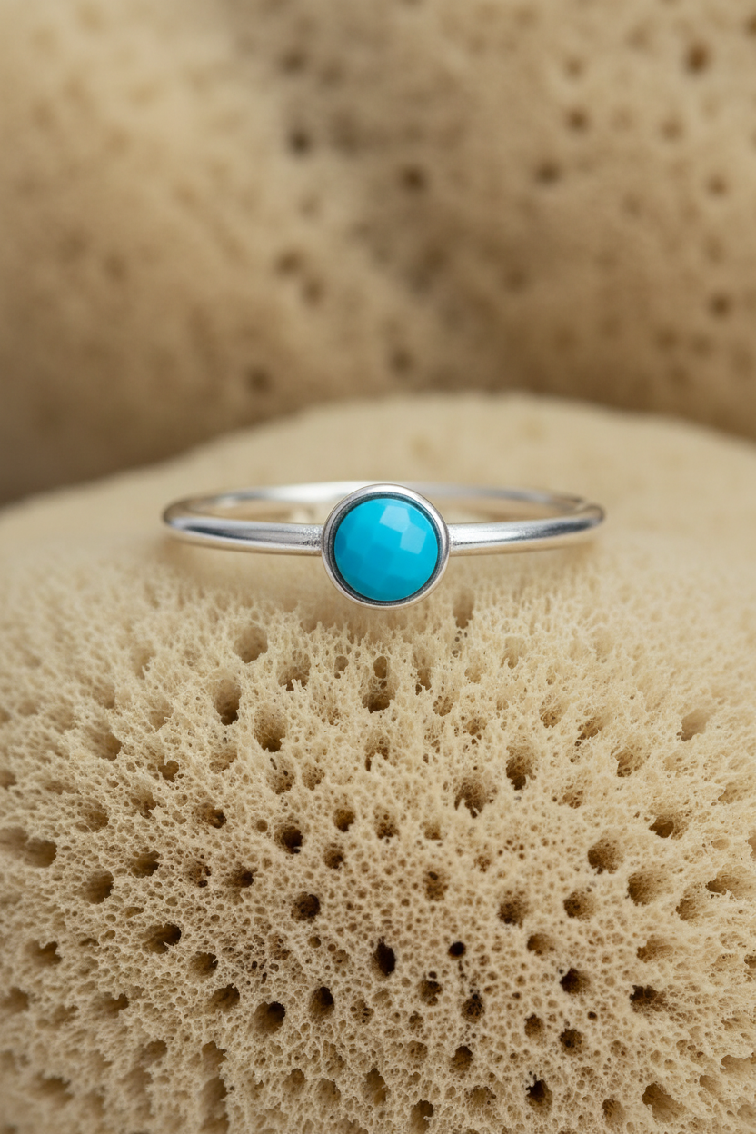 Faceted Turquoise Stacking Ring Rhodium Plated 925 Sterling Silver 5mm Sizes 6-9