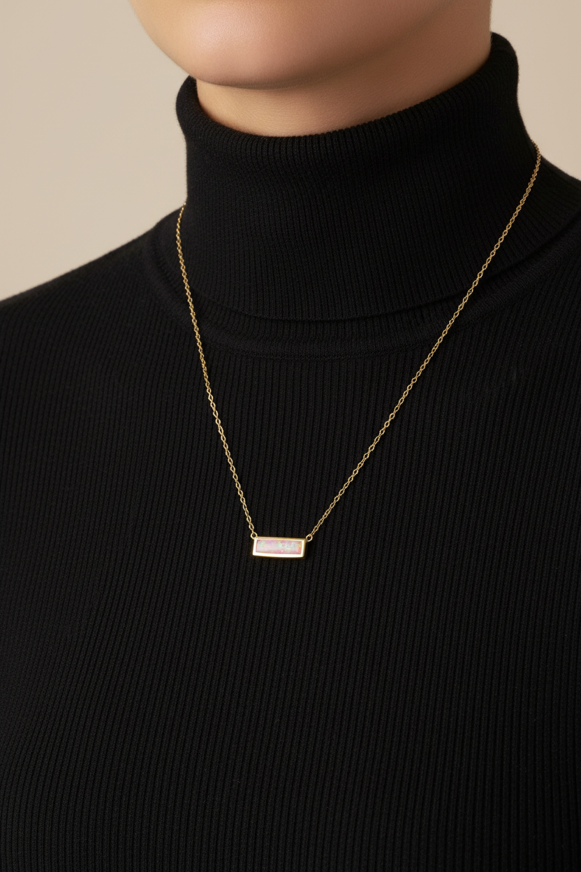 14 Karat Gold Plated Sterling Silver Cable Chain Necklace with Synthetic Pink Opal Bar, 16 Inch with 2 Inch Extension