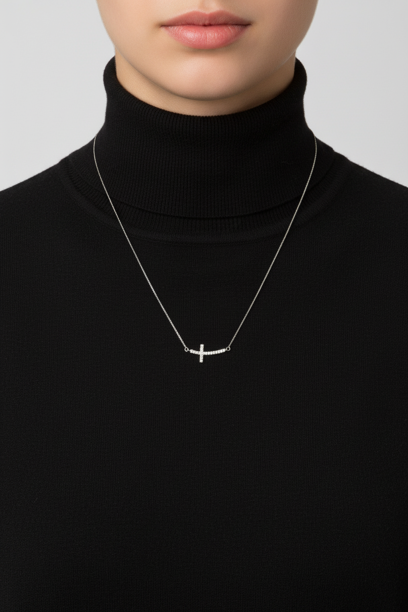 Diamond Sideways Cross Necklace Rhodium Plated 925 Sterling Silver 0.10ctw 18+2"