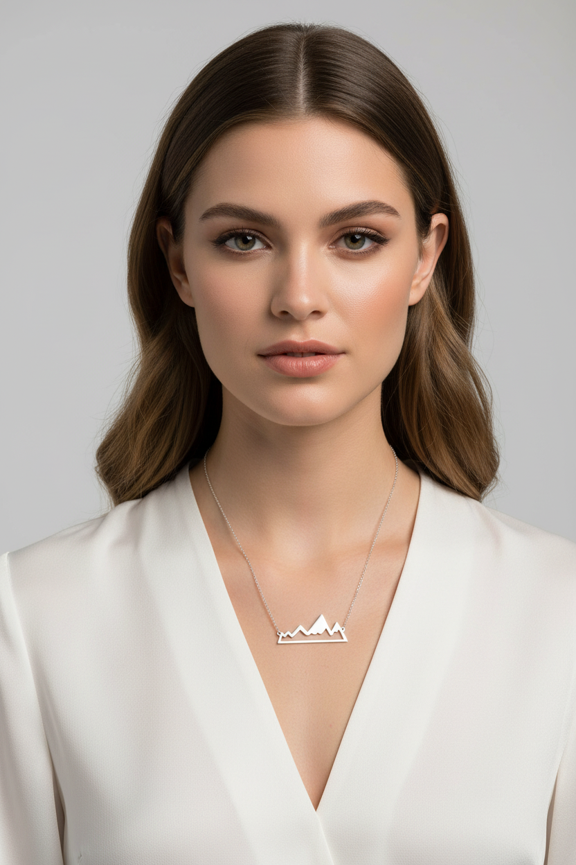 Mountain Range Necklace Rhodium 925 Sterling Silver 30x13mm 16+2 Inch