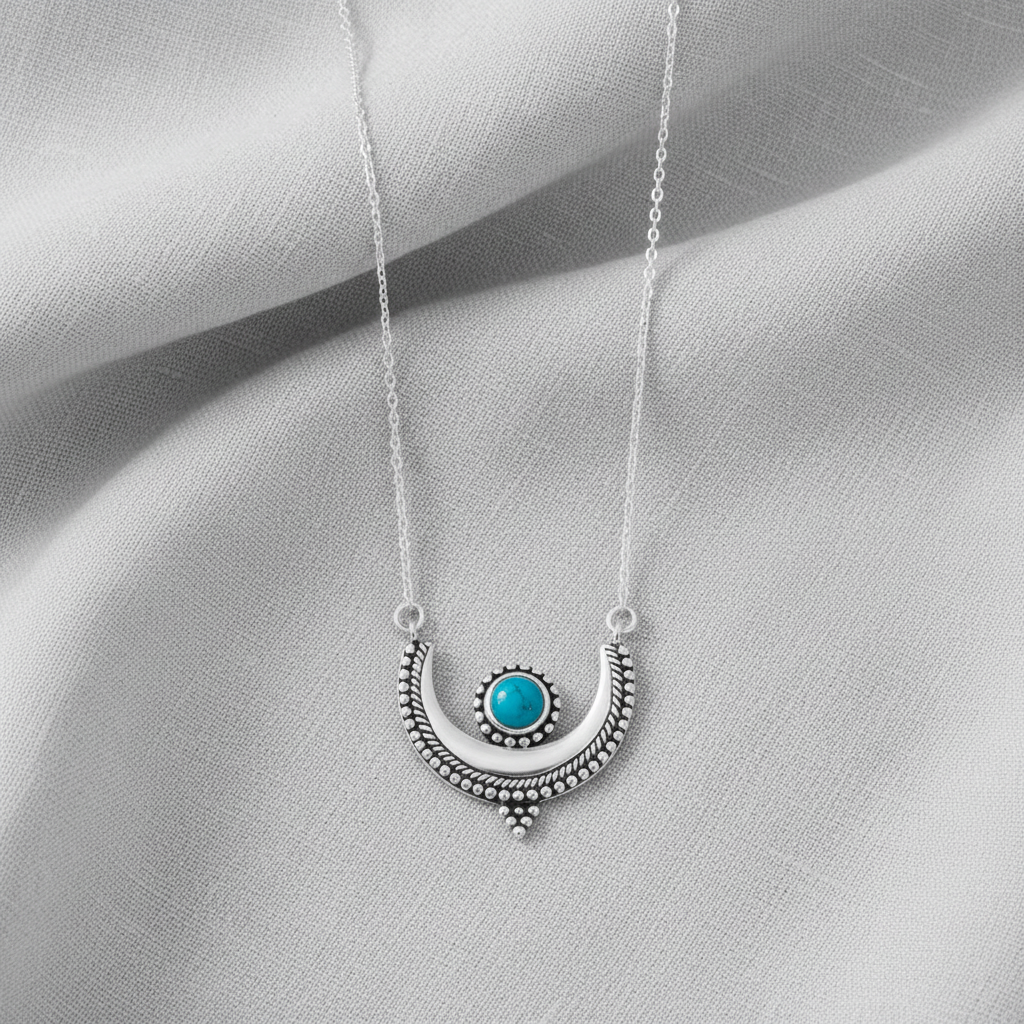 Crescent Moon Necklace - Sterling Silver Oxidized with Turquoise