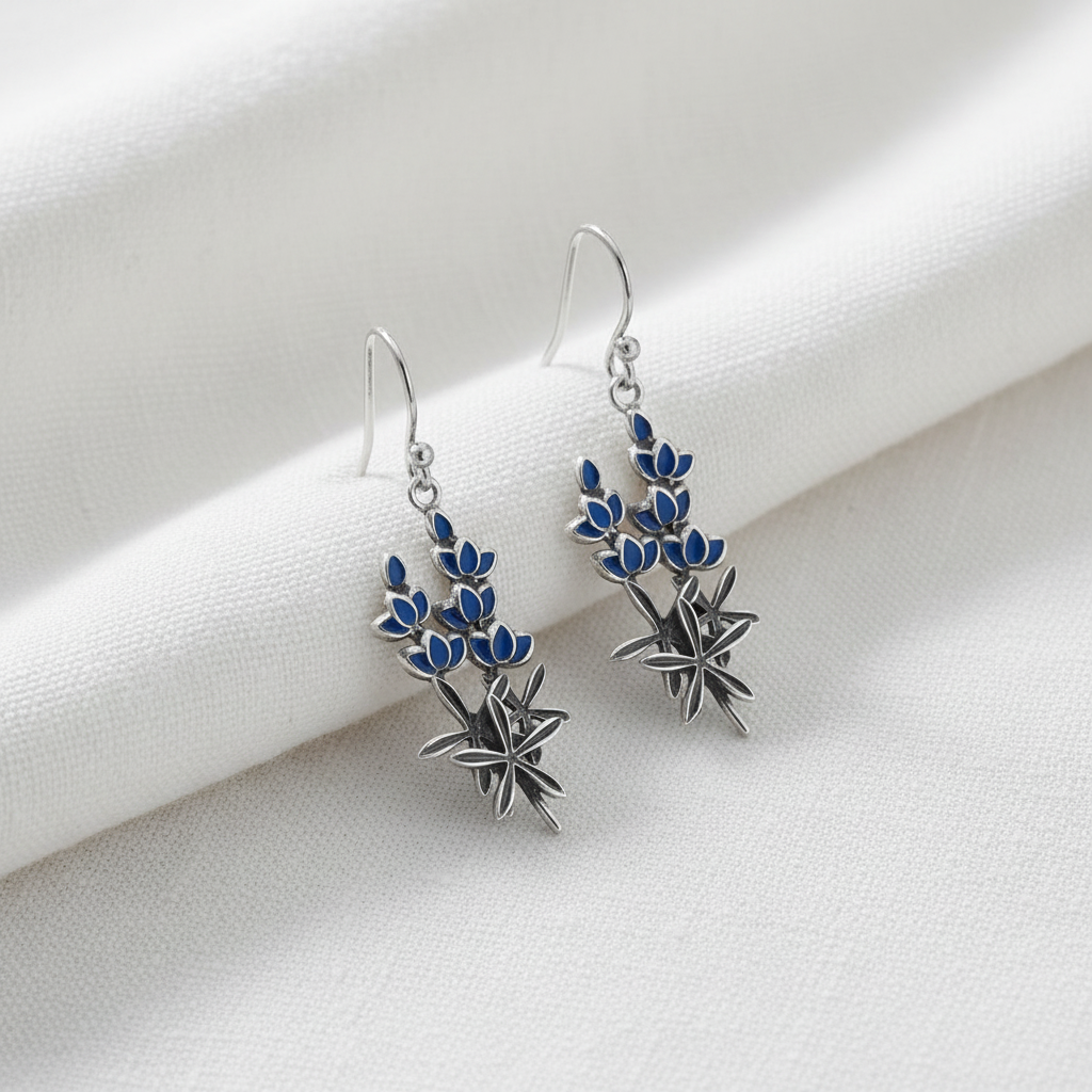 Texas Pride | Sterling Silver Blue Enamel Bluebonnet Dangle Earrings