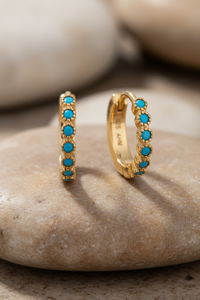 Turquoise CZ Huggie Hoop Earrings 14K Gold Plated 925 Sterling Silver 12mm