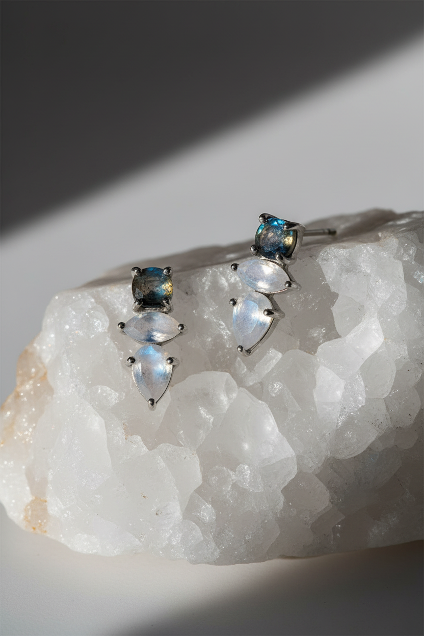 Labradorite Rainbow Moonstone Stud Earrings Rhodium Plated 925 Sterling Silver