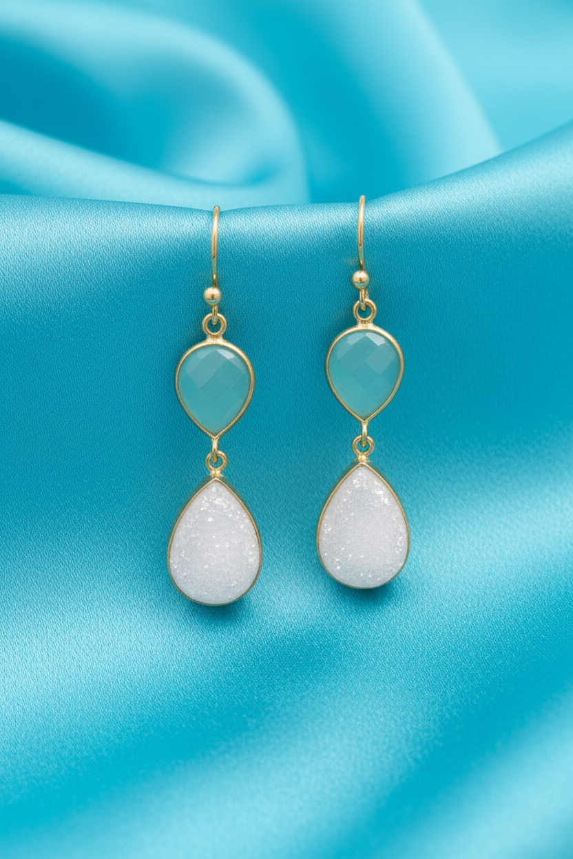Chalcedony & White Druzy Drop Earrings 14K Gold Plated 925 Silver French Wire