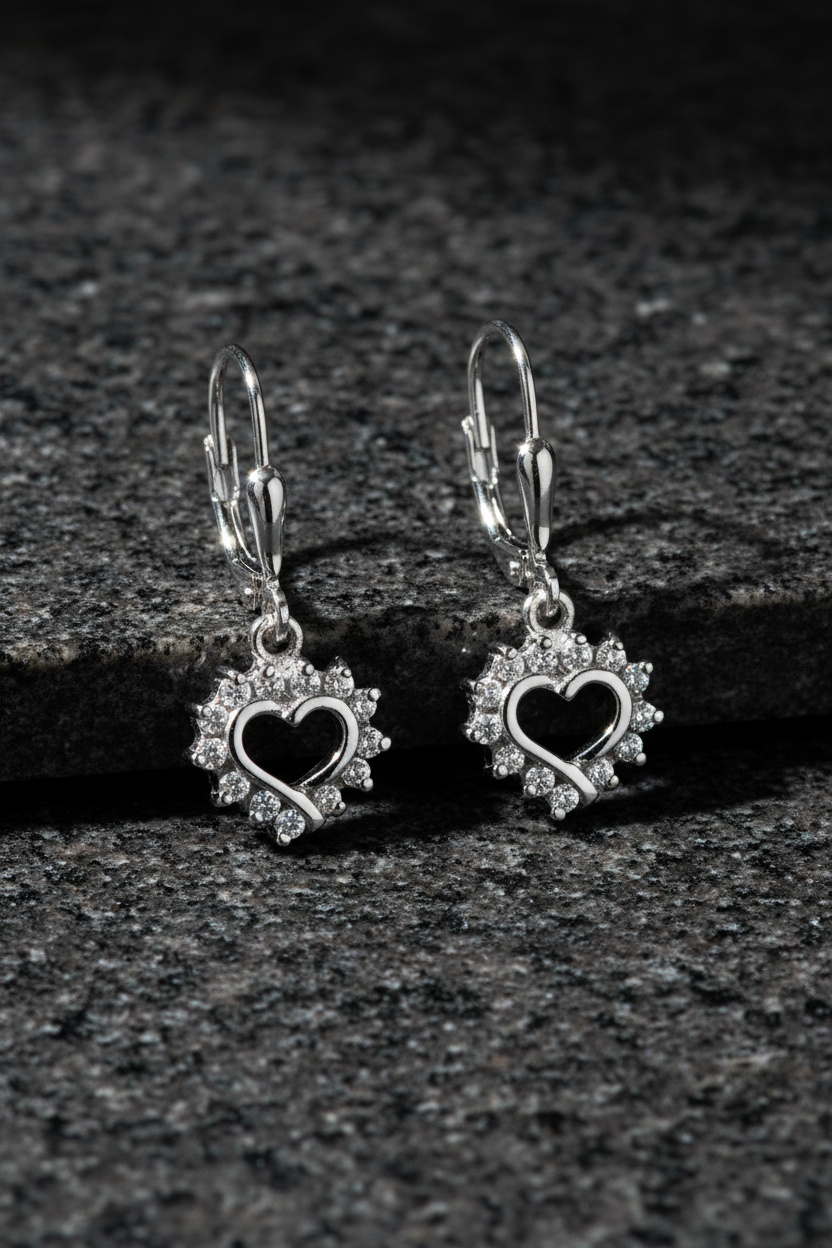 CZ Halo Heart Cutout Lever Back Earrings Rhodium Plated 925 Sterling Silver 10.4mm