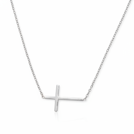 Polished Sideways Cross Necklace Rhodium Plated 925 Sterling Silver 15x25mm 16+2"
