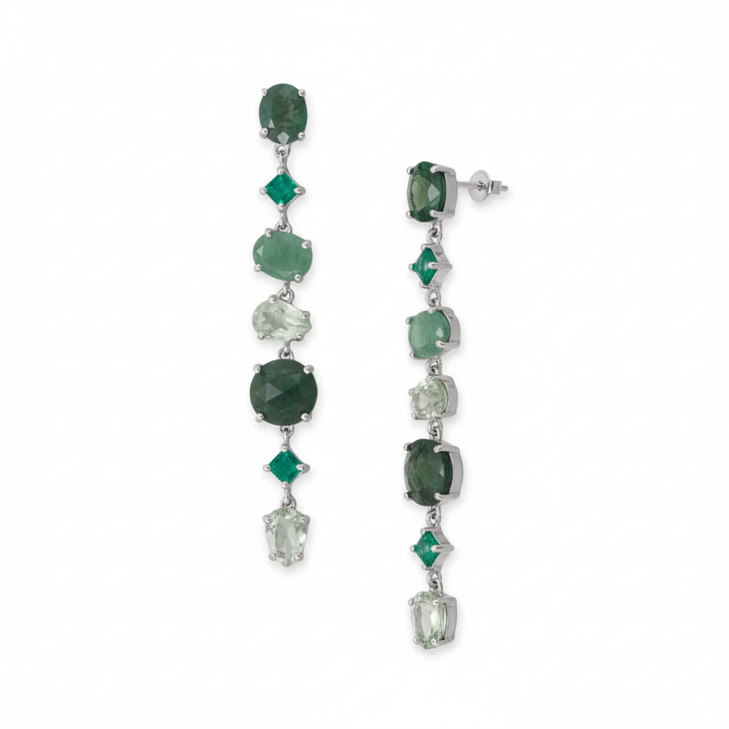 Green Multistone Long Drop Earrings Rhodium Plated 925 Sterling Silver 74.7mm