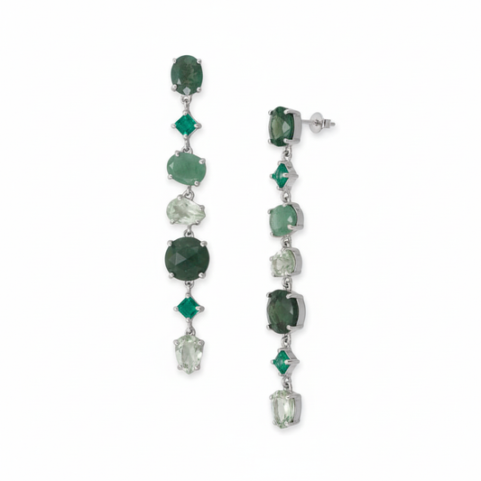 Sterling Silver Green Multi-Stone Drop Earrings, Rhodium Plated, 74.7mm Length, Moss Agate, Prehnite, Prasiolite