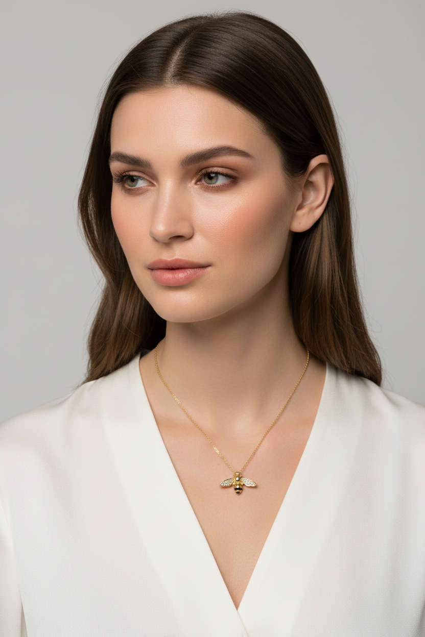 14K Gold Plated Sterling Silver Bee Necklace with Signity CZ Wings, 16 Inch Chain with 2 Inch Extension, Slide Pendant