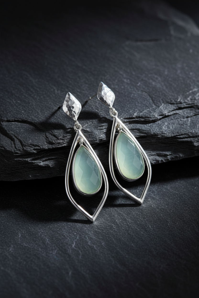 Green Chalcedony Pear Drop Earrings Hammered 925 Sterling Silver 9x16mm 42mm