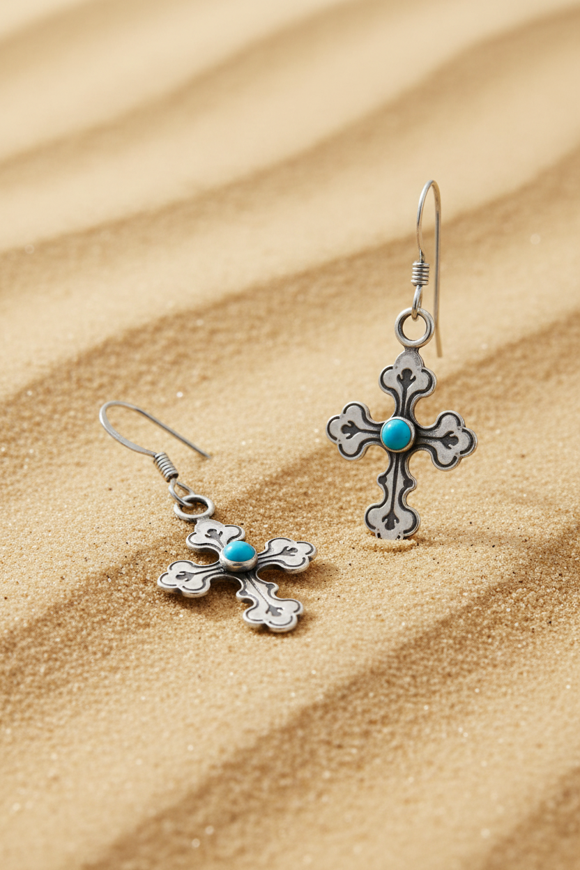 Turquoise Cross Drop Earrings Oxidized 925 Sterling Silver French Wire 15x19mm 33mm