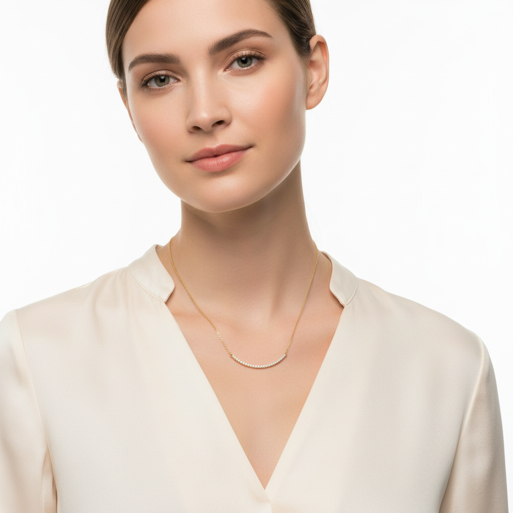 14 Karat Gold Plated Sterling Silver Curved CZ Bar Necklace, 18 Inch with 2 Inch Extension, Lobster Clasp