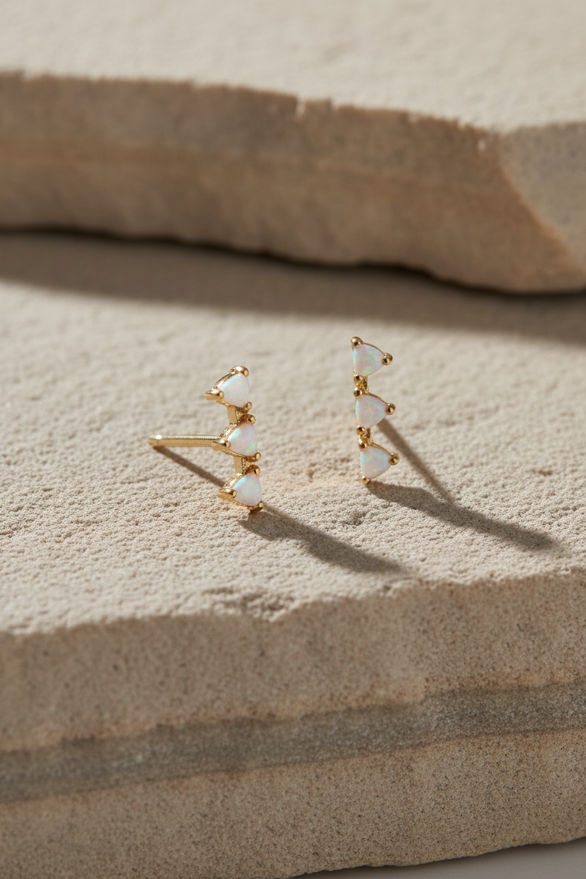 White Opal Triangle Climber Stud Earrings 14K Gold Plated 925 Sterling Silver